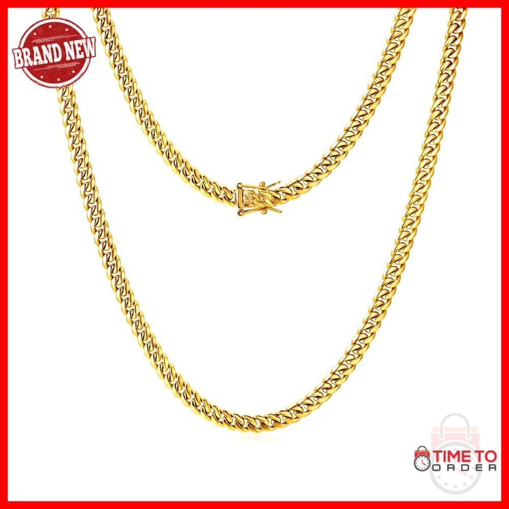 6mm Cuban Link Chain Necklace 24" Stainless Steel Gold Plated Double Clasp